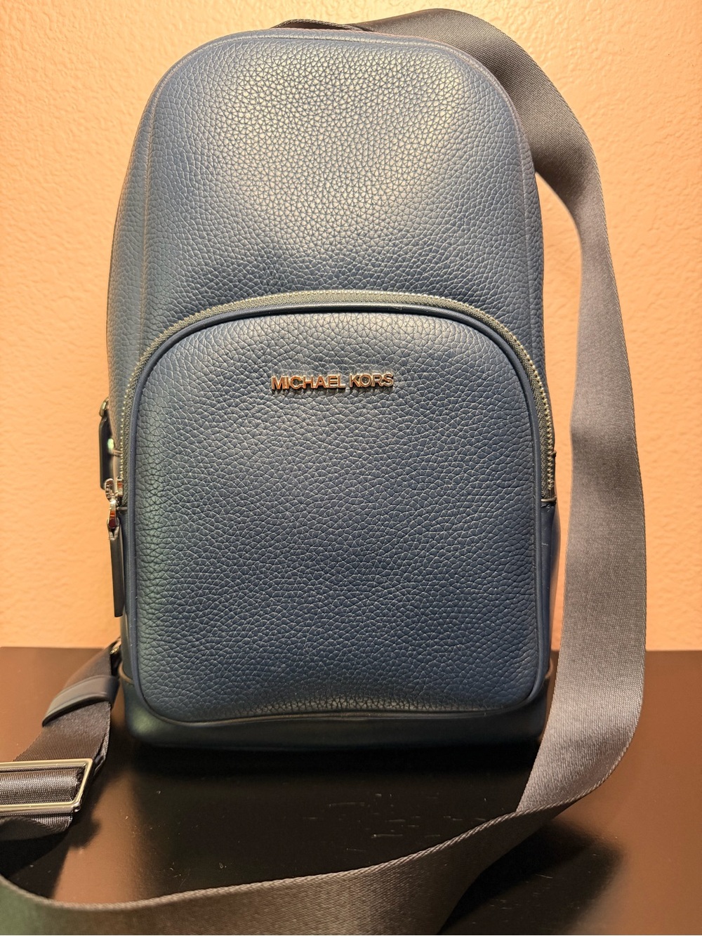 Michael Kors Navy Pebble Leather Commuter Sling with Silver Logo